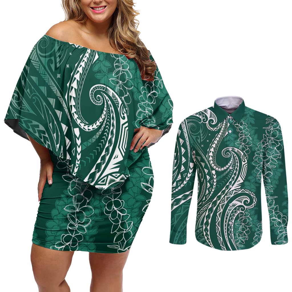 Polynesia Plumeria Lei Couples Matching Off Shoulder Short Dress and Long Sleeve Button Shirt Sage Green Curves Motif