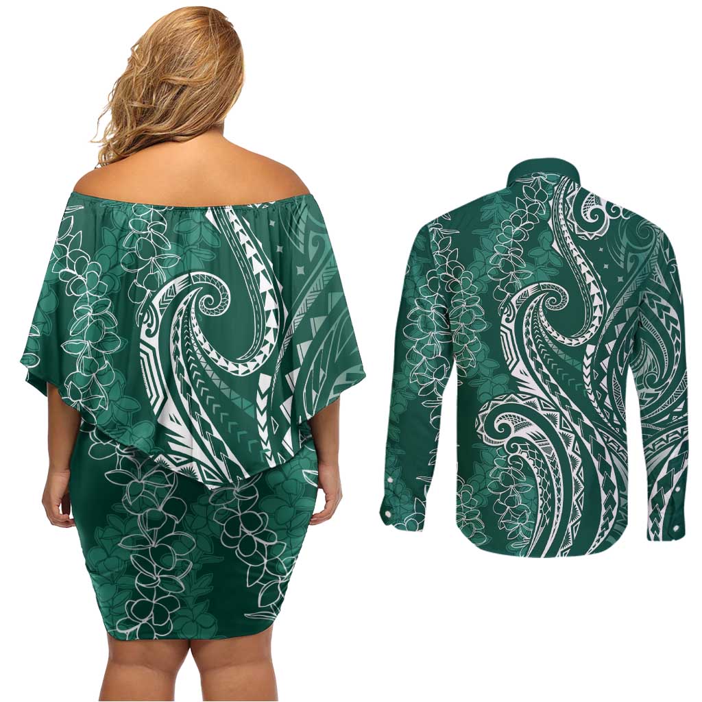 Polynesia Plumeria Lei Couples Matching Off Shoulder Short Dress and Long Sleeve Button Shirt Sage Green Curves Motif