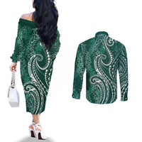 Polynesia Plumeria Lei Couples Matching Off The Shoulder Long Sleeve Dress and Long Sleeve Button Shirt Sage Green Curves Motif