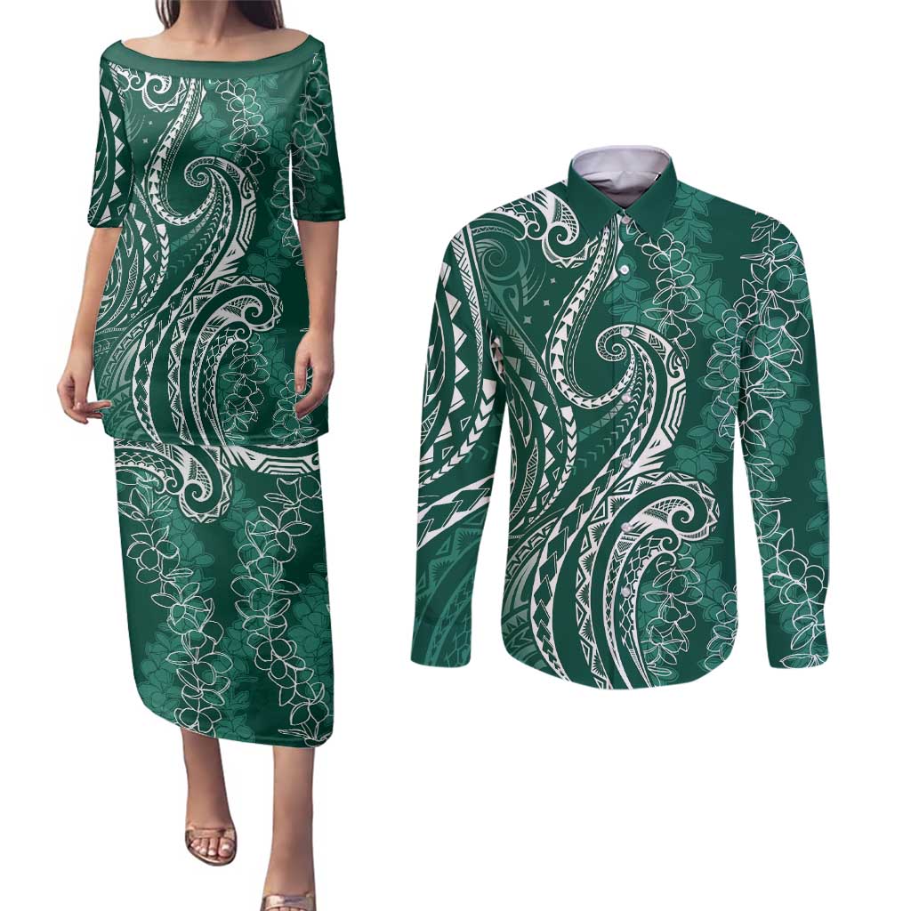 Polynesia Plumeria Lei Couples Matching Puletasi and Long Sleeve Button Shirt Sage Green Curves Motif