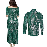 Polynesia Plumeria Lei Couples Matching Puletasi and Long Sleeve Button Shirt Sage Green Curves Motif