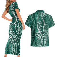 Polynesia Plumeria Lei Couples Matching Short Sleeve Bodycon Dress and Hawaiian Shirt Sage Green Curves Motif
