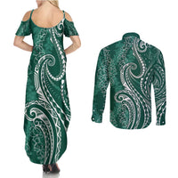 Polynesia Plumeria Lei Couples Matching Summer Maxi Dress and Long Sleeve Button Shirt Sage Green Curves Motif