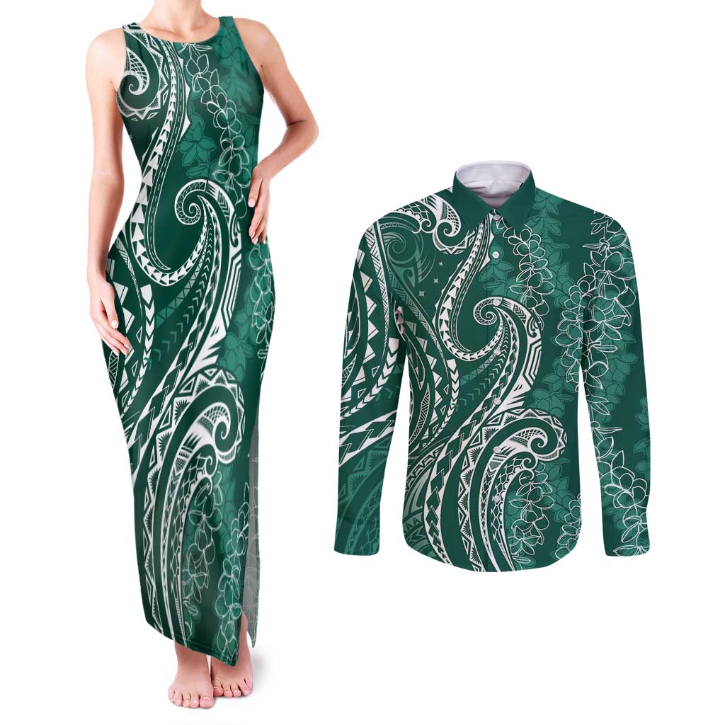 Polynesia Plumeria Lei Couples Matching Tank Maxi Dress and Long Sleeve Button Shirt Sage Green Curves Motif LT7 Dark Green - Polynesian Pride