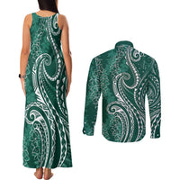 Polynesia Plumeria Lei Couples Matching Tank Maxi Dress and Long Sleeve Button Shirt Sage Green Curves Motif LT7 - Polynesian Pride