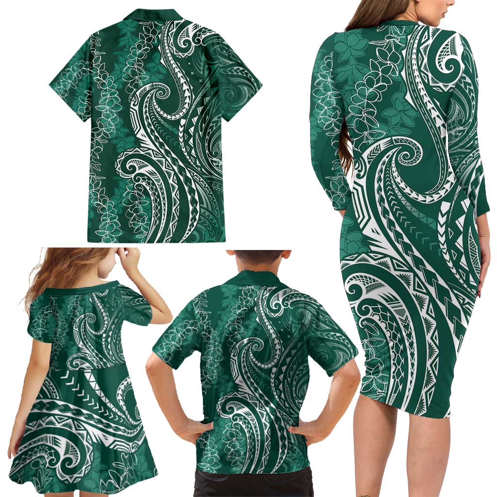 Polynesia Plumeria Lei Family Matching Long Sleeve Bodycon Dress and Hawaiian Shirt Sage Green Curves Motif LT7 - Polynesian Pride