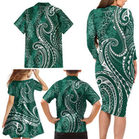 Polynesia Plumeria Lei Family Matching Long Sleeve Bodycon Dress and Hawaiian Shirt Sage Green Curves Motif LT7 - Polynesian Pride