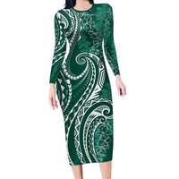 Polynesia Plumeria Lei Family Matching Long Sleeve Bodycon Dress and Hawaiian Shirt Sage Green Curves Motif LT7 Mom's Dress Dark Green - Polynesian Pride