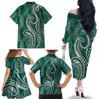 Polynesia Plumeria Lei Family Matching Off The Shoulder Long Sleeve Dress and Hawaiian Shirt Sage Green Curves Motif