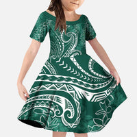 Polynesia Plumeria Lei Family Matching Off Shoulder Maxi Dress and Hawaiian Shirt Sage Green Curves Motif LT7 Daughter's Dress Dark Green - Polynesian Pride