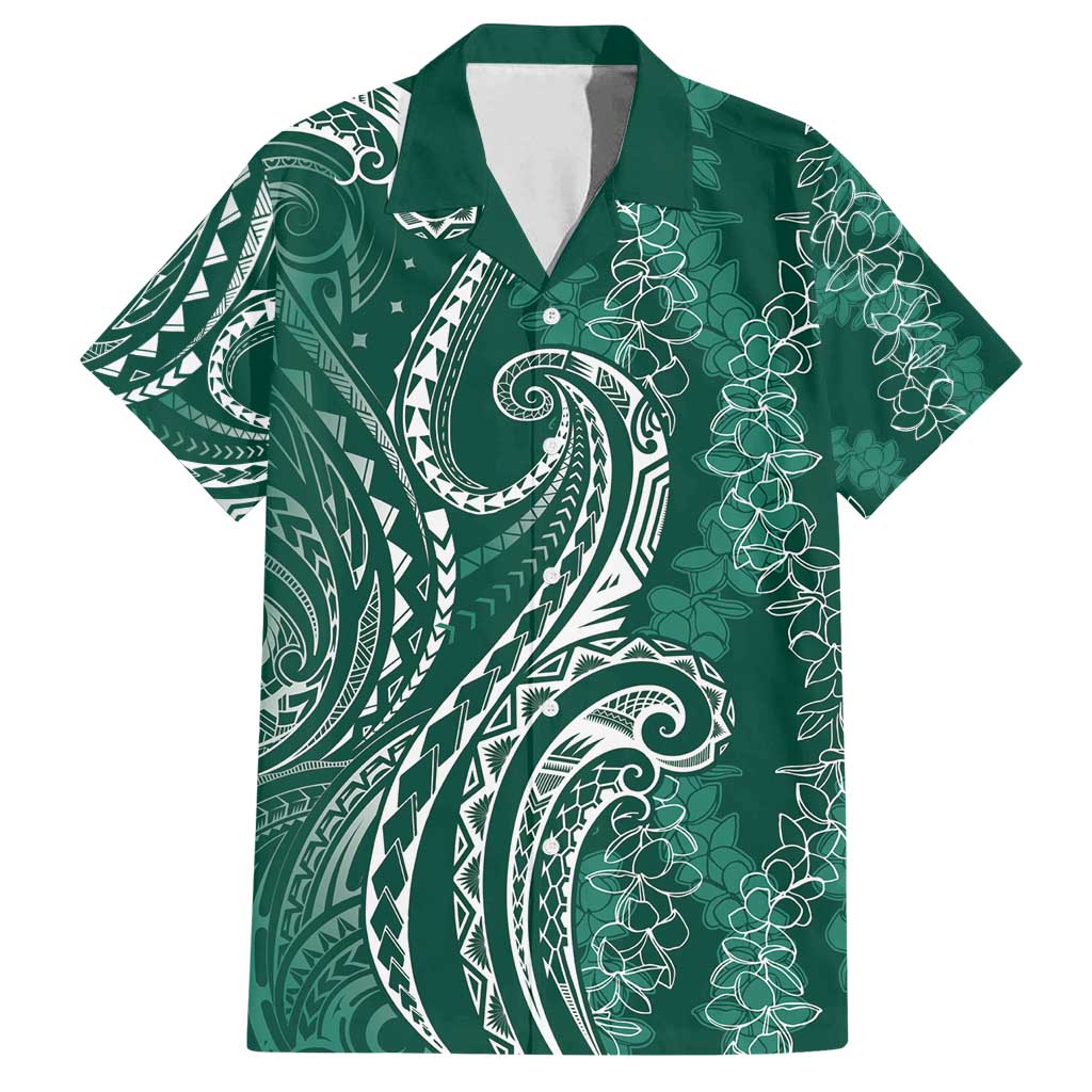 Polynesia Plumeria Lei Family Matching Off Shoulder Maxi Dress and Hawaiian Shirt Sage Green Curves Motif LT7 Dad's Shirt - Short Sleeve Dark Green - Polynesian Pride