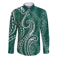 Polynesia Plumeria Lei Family Matching Off Shoulder Maxi Dress and Hawaiian Shirt Sage Green Curves Motif LT7 Dad's Shirt - Long Sleeve Dark Green - Polynesian Pride