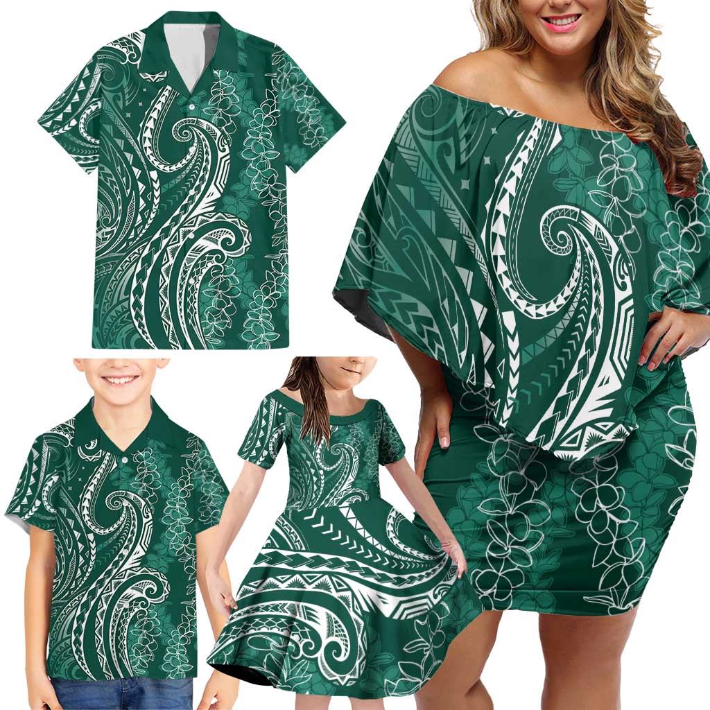 Polynesia Plumeria Lei Family Matching Off Shoulder Short Dress and Hawaiian Shirt Sage Green Curves Motif LT7 - Polynesian Pride