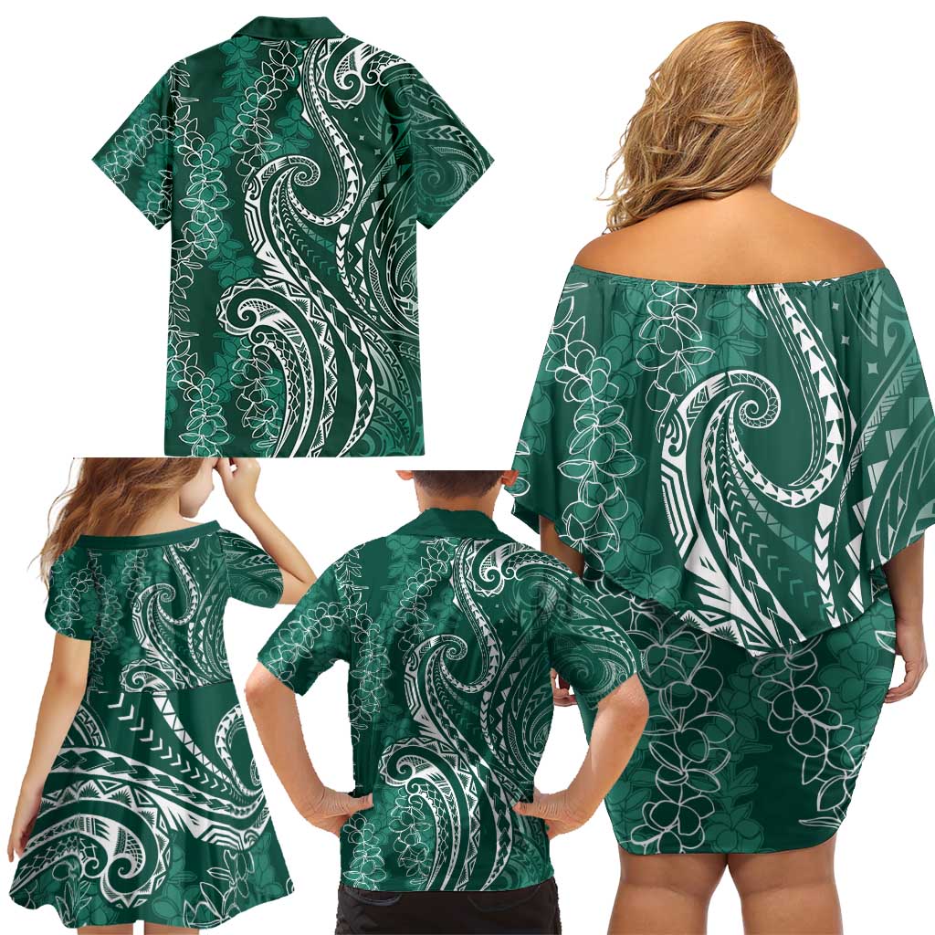 Polynesia Plumeria Lei Family Matching Off Shoulder Short Dress and Hawaiian Shirt Sage Green Curves Motif LT7 - Polynesian Pride