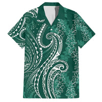 Polynesia Plumeria Lei Family Matching Off Shoulder Short Dress and Hawaiian Shirt Sage Green Curves Motif LT7 Dad's Shirt - Short Sleeve Dark Green - Polynesian Pride