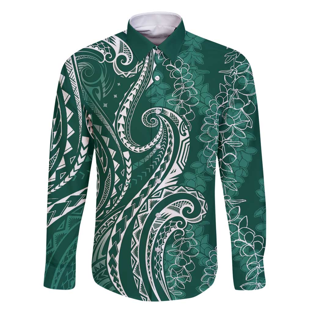 Polynesia Plumeria Lei Family Matching Off Shoulder Short Dress and Hawaiian Shirt Sage Green Curves Motif LT7 Dad's Shirt - Long Sleeve Dark Green - Polynesian Pride