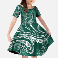 Polynesia Plumeria Lei Family Matching Puletasi and Hawaiian Shirt Sage Green Curves Motif LT7 Daughter's Dress Dark Green - Polynesian Pride