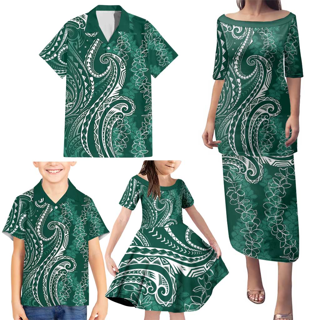 Polynesia Plumeria Lei Family Matching Puletasi and Hawaiian Shirt Sage Green Curves Motif LT7 - Polynesian Pride