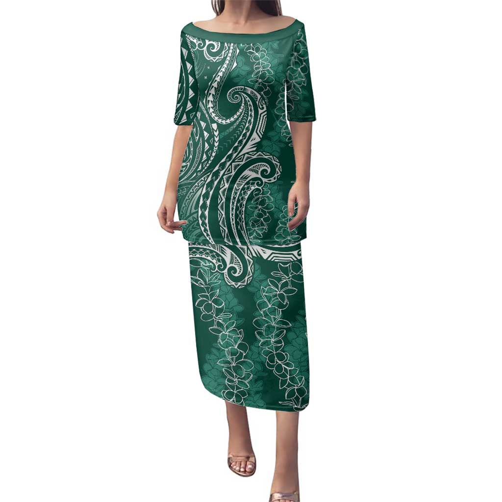 Polynesia Plumeria Lei Family Matching Puletasi and Hawaiian Shirt Sage Green Curves Motif LT7 Mom's Dress Dark Green - Polynesian Pride