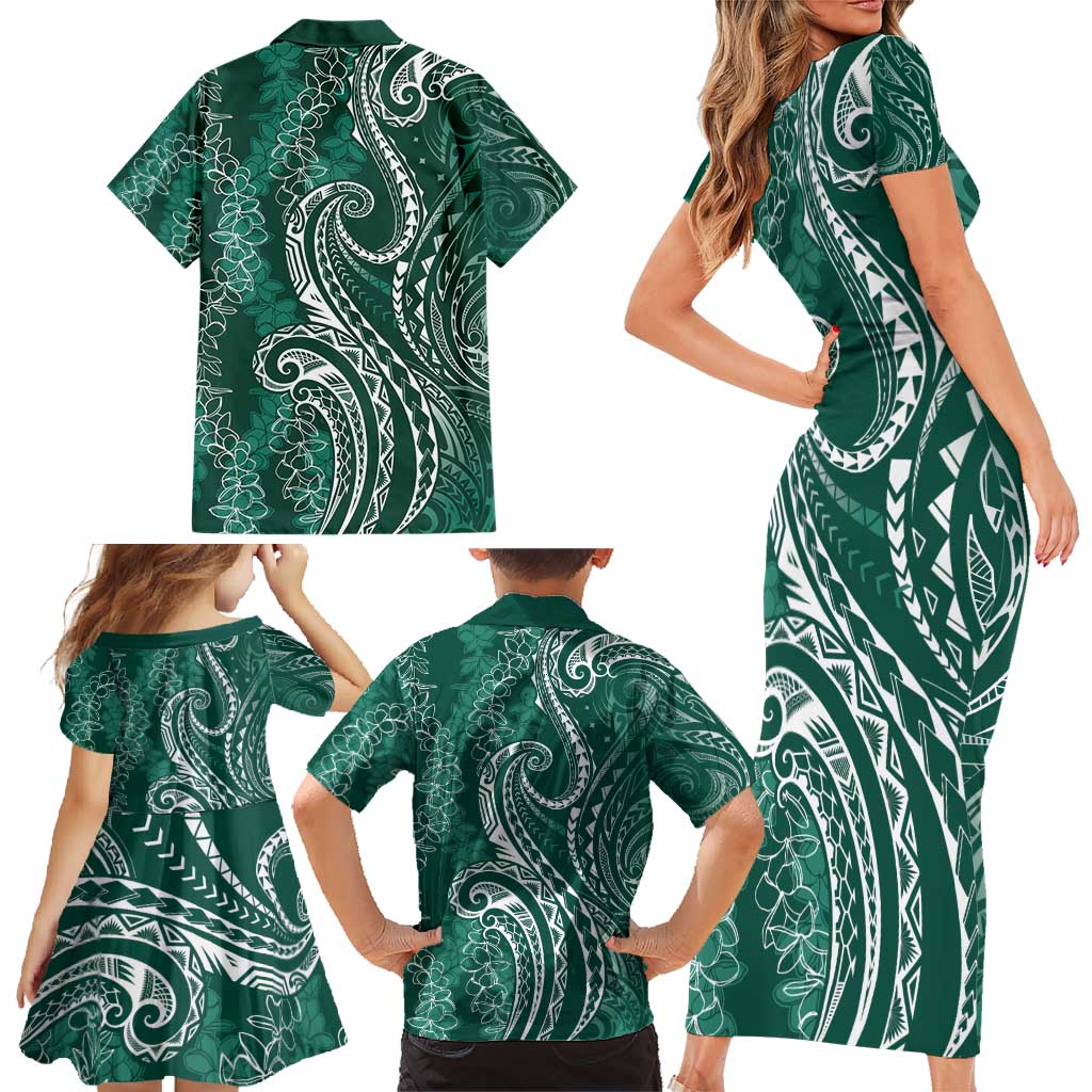 Polynesia Plumeria Lei Family Matching Short Sleeve Bodycon Dress and Hawaiian Shirt Sage Green Curves Motif LT7 - Polynesian Pride