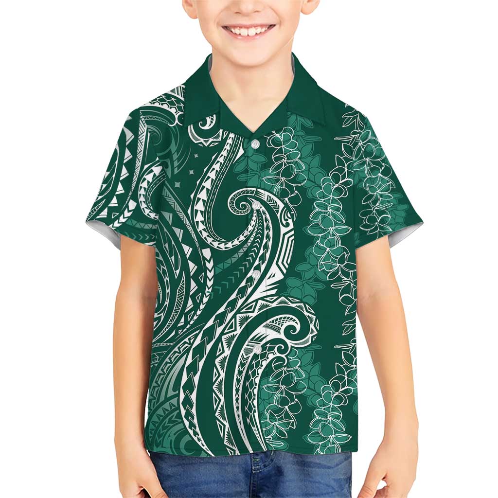 Polynesia Plumeria Lei Family Matching Short Sleeve Bodycon Dress and Hawaiian Shirt Sage Green Curves Motif LT7 Son's Shirt Dark Green - Polynesian Pride