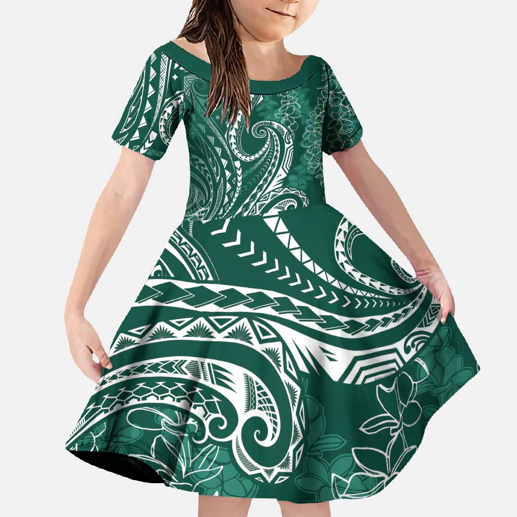 Polynesia Plumeria Lei Family Matching Summer Maxi Dress and Hawaiian Shirt Sage Green Curves Motif LT7 Daughter's Dress Dark Green - Polynesian Pride