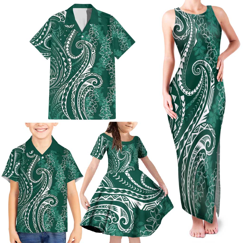 Polynesia Plumeria Lei Family Matching Tank Maxi Dress and Hawaiian Shirt Sage Green Curves Motif