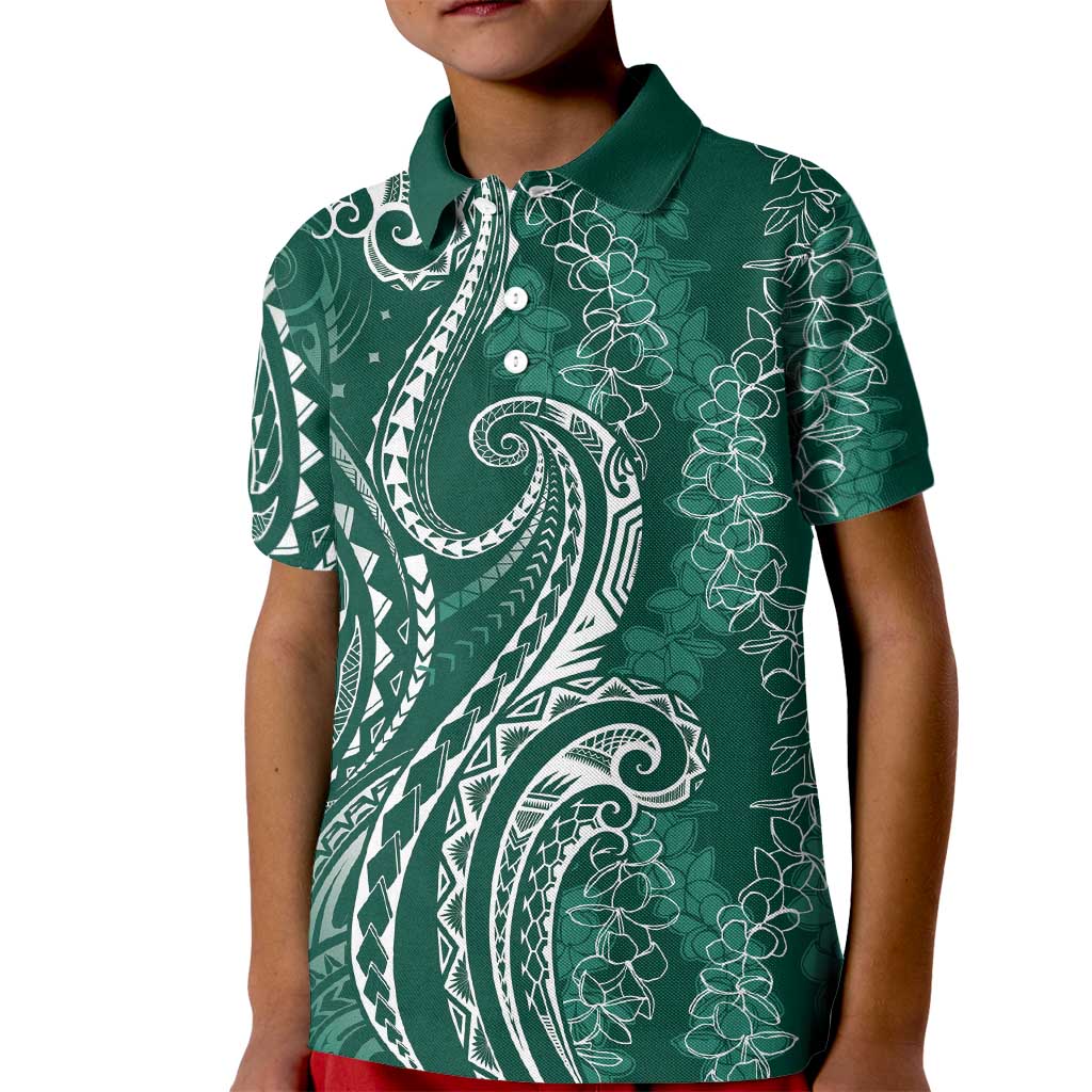 Polynesia Plumeria Lei Kid Polo Shirt Sage Green Curves Motif