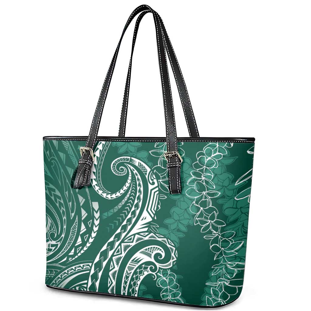 Polynesia Plumeria Lei Leather Tote Bag Sage Green Curves Motif