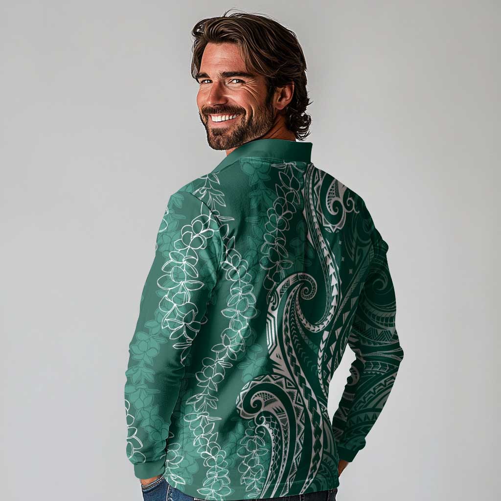 Polynesia Plumeria Lei Long Sleeve Polo Shirt Sage Green Curves Motif