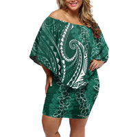Polynesia Plumeria Lei Off Shoulder Short Dress Sage Green Curves Motif