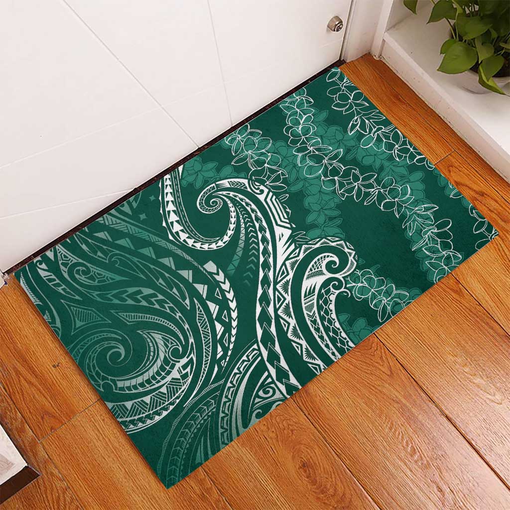 Polynesia Plumeria Lei Rubber Doormat Sage Green Curves Motif