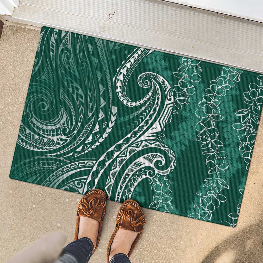 Polynesia Plumeria Lei Rubber Doormat Sage Green Curves Motif