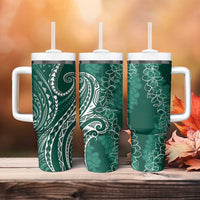 Polynesia Plumeria Lei Tumbler With Handle Sage Green Curves Motif
