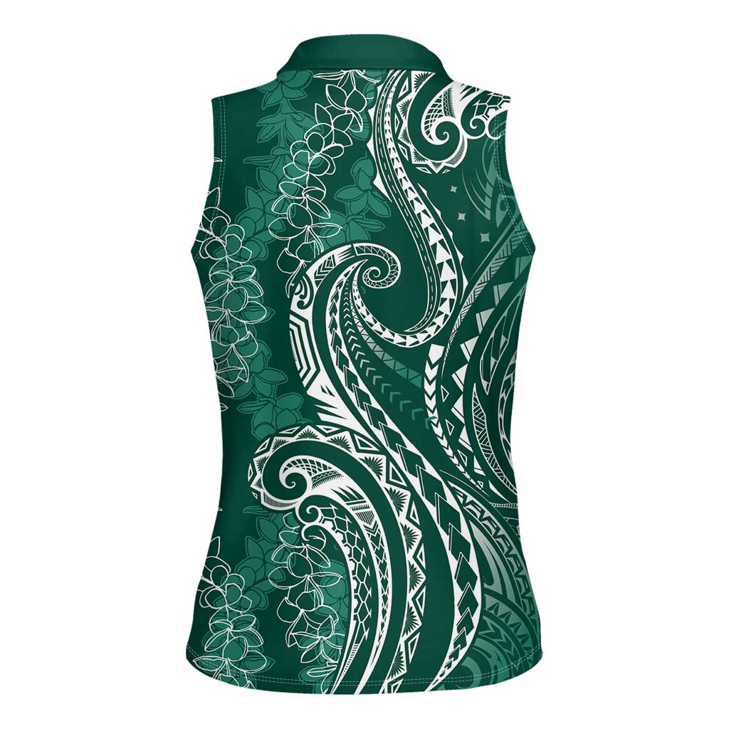 Polynesia Plumeria Lei Women Sleeveless Polo Shirt Sage Green Curves Motif