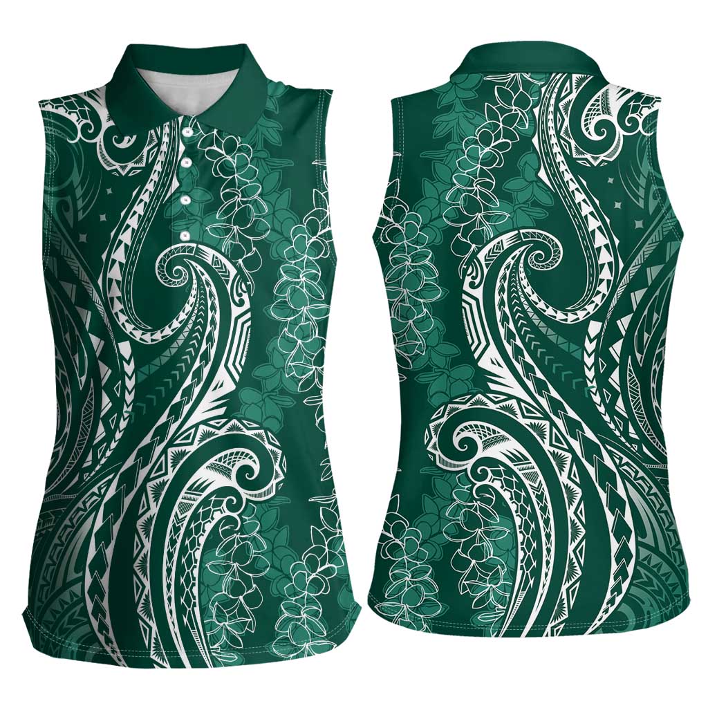 Polynesia Plumeria Lei Women Sleeveless Polo Shirt Sage Green Curves Motif