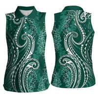 Polynesia Plumeria Lei Women Sleeveless Polo Shirt Sage Green Curves Motif
