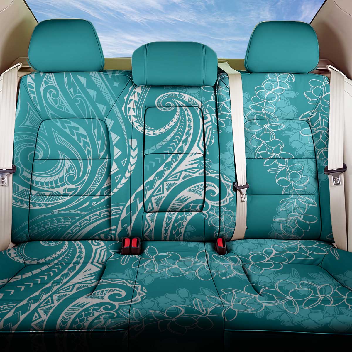 Polynesia Plumeria Lei Back Car Seat Cover Teal Curves Motif