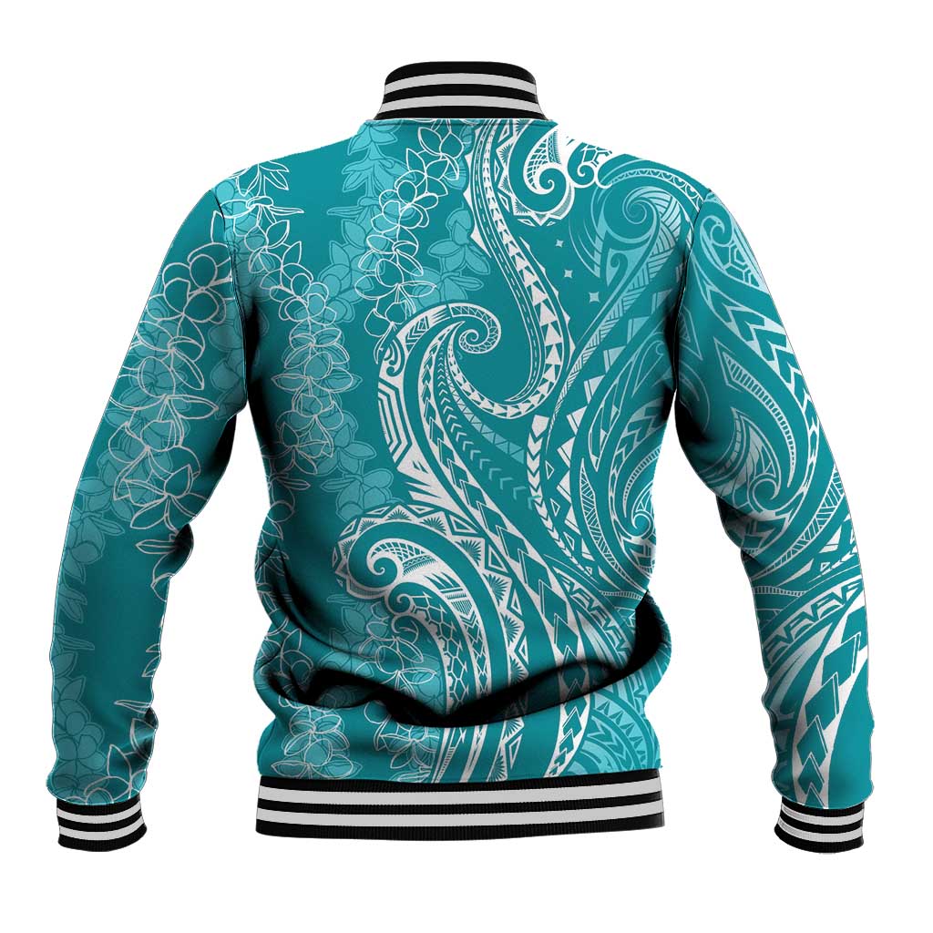 Polynesia Plumeria Lei Baseball Jacket Teal Curves Motif