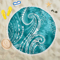 Polynesia Plumeria Lei Beach Blanket Teal Curves Motif