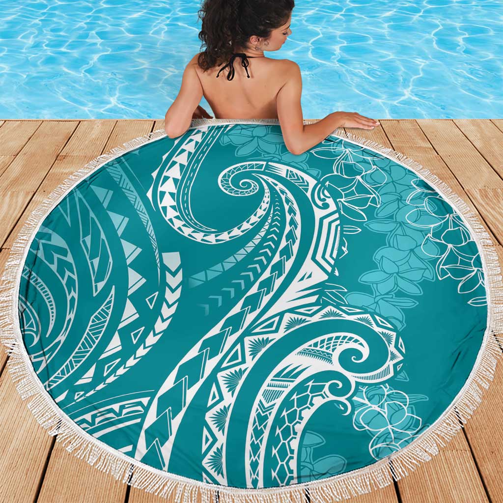 Polynesia Plumeria Lei Beach Blanket Teal Curves Motif