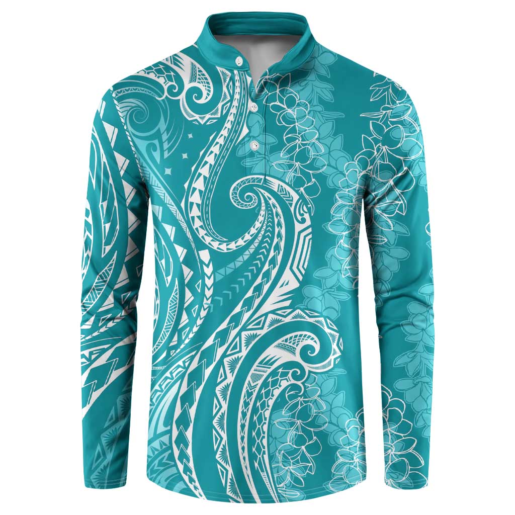 Polynesia Plumeria Lei Button Sweatshirt Teal Curves Motif