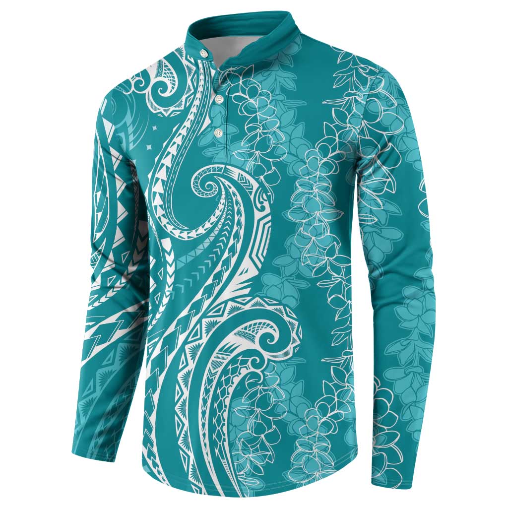Polynesia Plumeria Lei Button Sweatshirt Teal Curves Motif