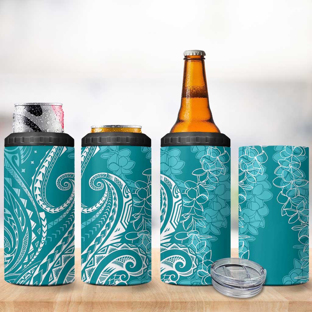 Polynesia Plumeria Lei 4 in 1 Can Cooler Tumbler Teal Curves Motif