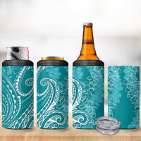 Polynesia Plumeria Lei 4 in 1 Can Cooler Tumbler Teal Curves Motif