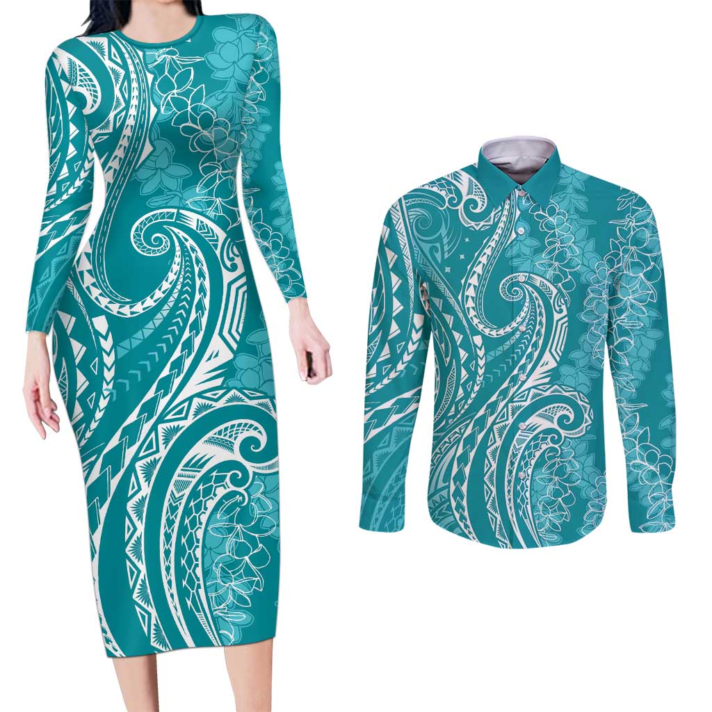 Polynesia Plumeria Lei Couples Matching Long Sleeve Bodycon Dress and Long Sleeve Button Shirt Teal Curves Motif