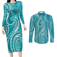 Polynesia Plumeria Lei Couples Matching Long Sleeve Bodycon Dress and Long Sleeve Button Shirt Teal Curves Motif
