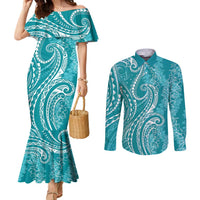 Polynesia Plumeria Lei Couples Matching Mermaid Dress and Long Sleeve Button Shirt Teal Curves Motif