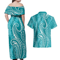 Polynesia Plumeria Lei Couples Matching Off Shoulder Maxi Dress and Hawaiian Shirt Teal Curves Motif