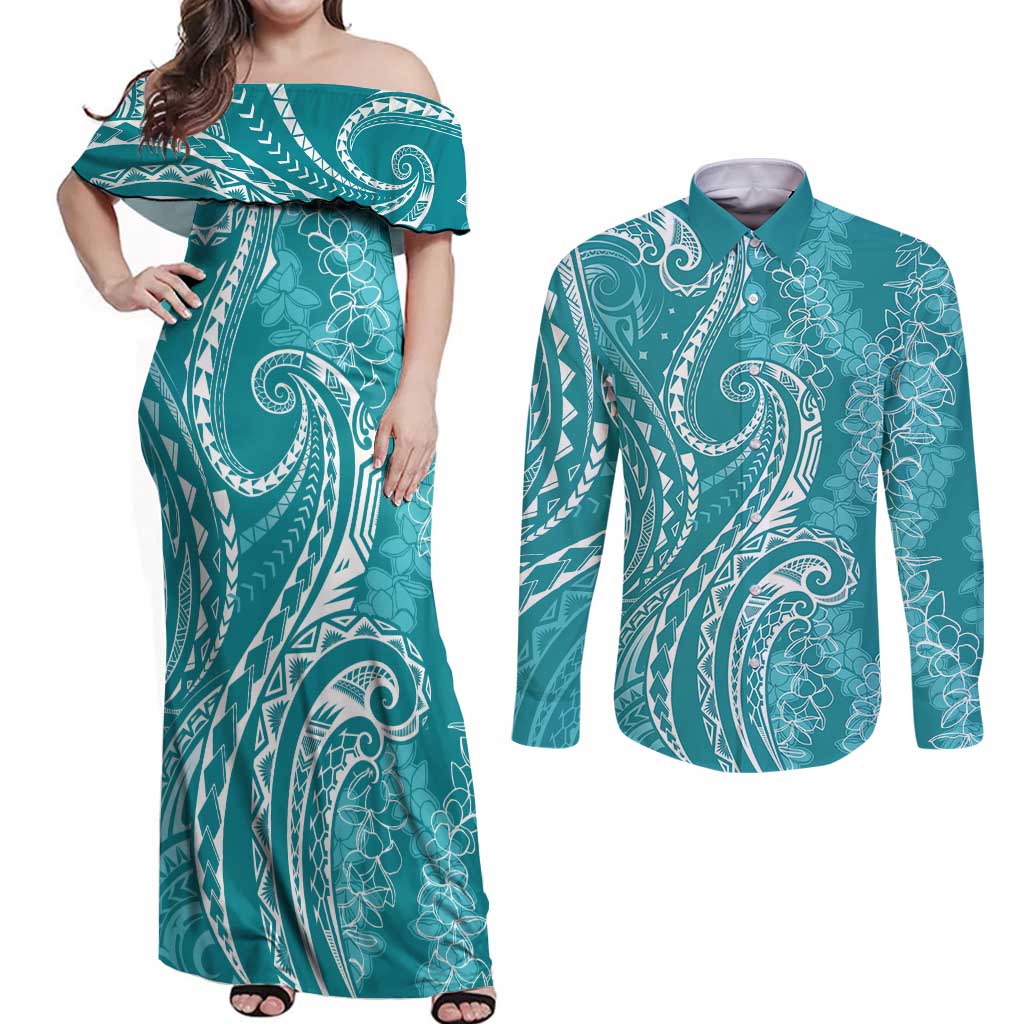 Polynesia Plumeria Lei Couples Matching Off Shoulder Maxi Dress and Long Sleeve Button Shirt Teal Curves Motif